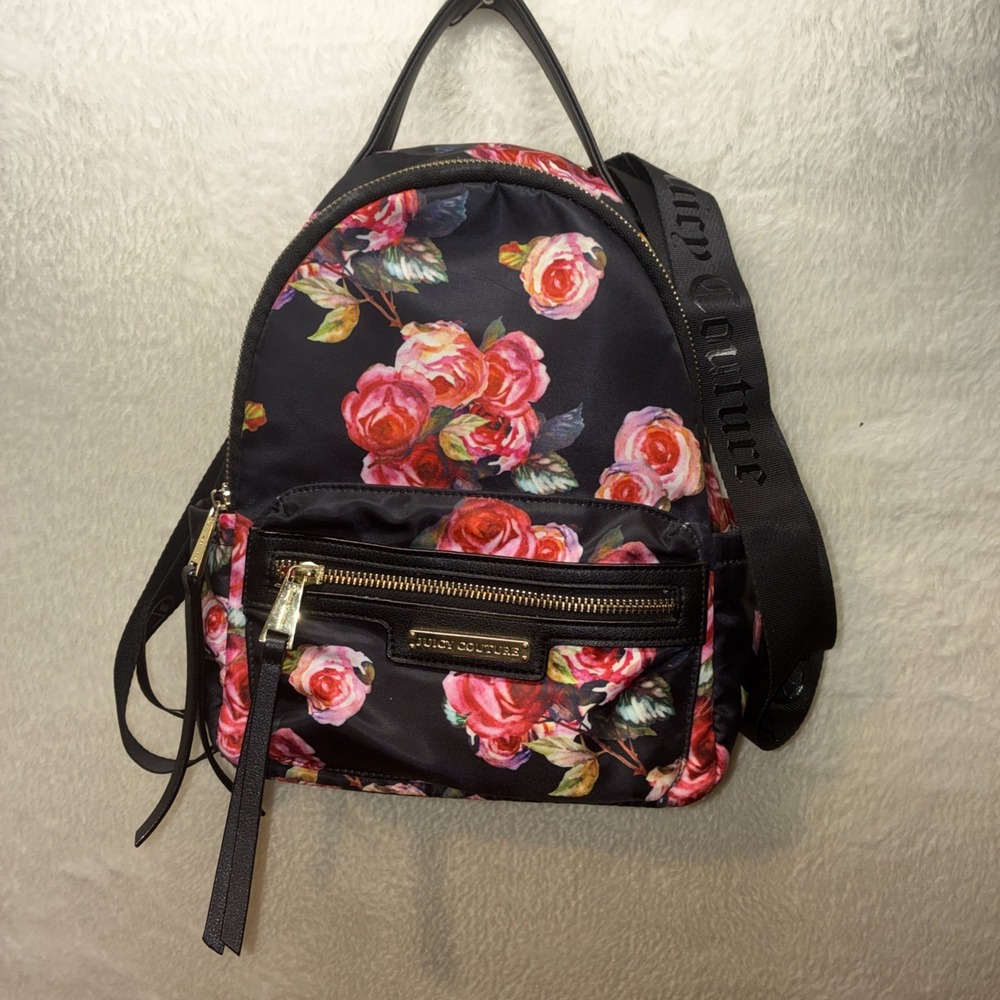 Juicy Couture Mini Backpack Romantic Rose Nylon Floral Small Handbag Purse EUC - Picture 1 of 12